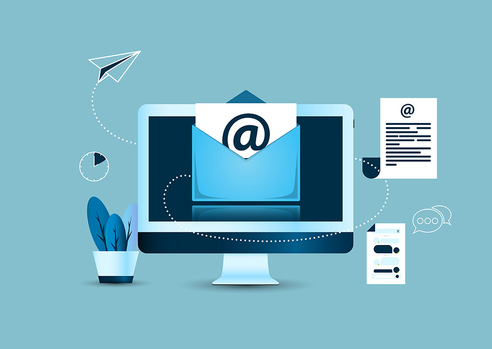 email marketing illustration concept. monochrome blues, computer screen with email icon