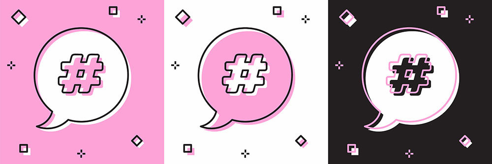 illustration of a hashtag inside a speech bubble, repeated in pink, white, and black